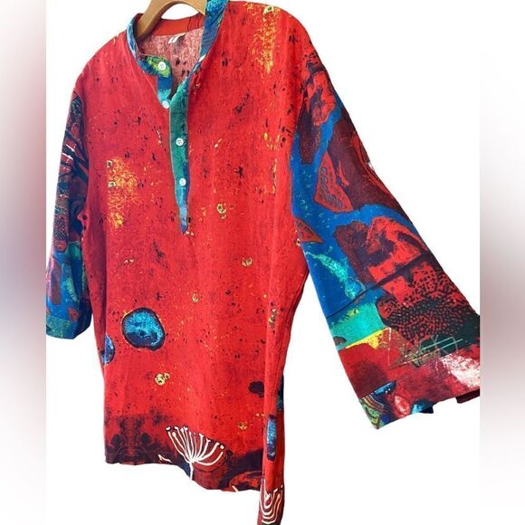 Two-Sided Red Cotton Bohemian Bali Mandarin Collar 3/4 Button Sleeve Tunic - Picture 3 of 8